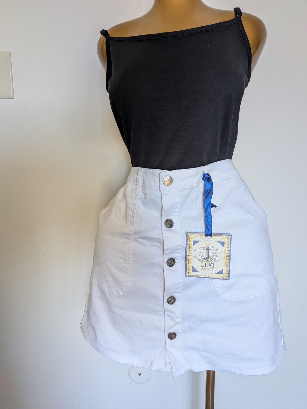 LEXI Jeans White Denim Button Front Stretch Jean Skirt with Pocket -XL